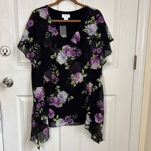 NEW AVENUE Studio Black Purple Floral Blouse sheer layers Size 18 V-neck elegant